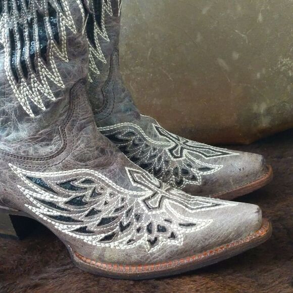 CORRAL A1241 distressed taupe/black winged cross black sequins cowgirl boots 7.5 - Picture 11 of 16